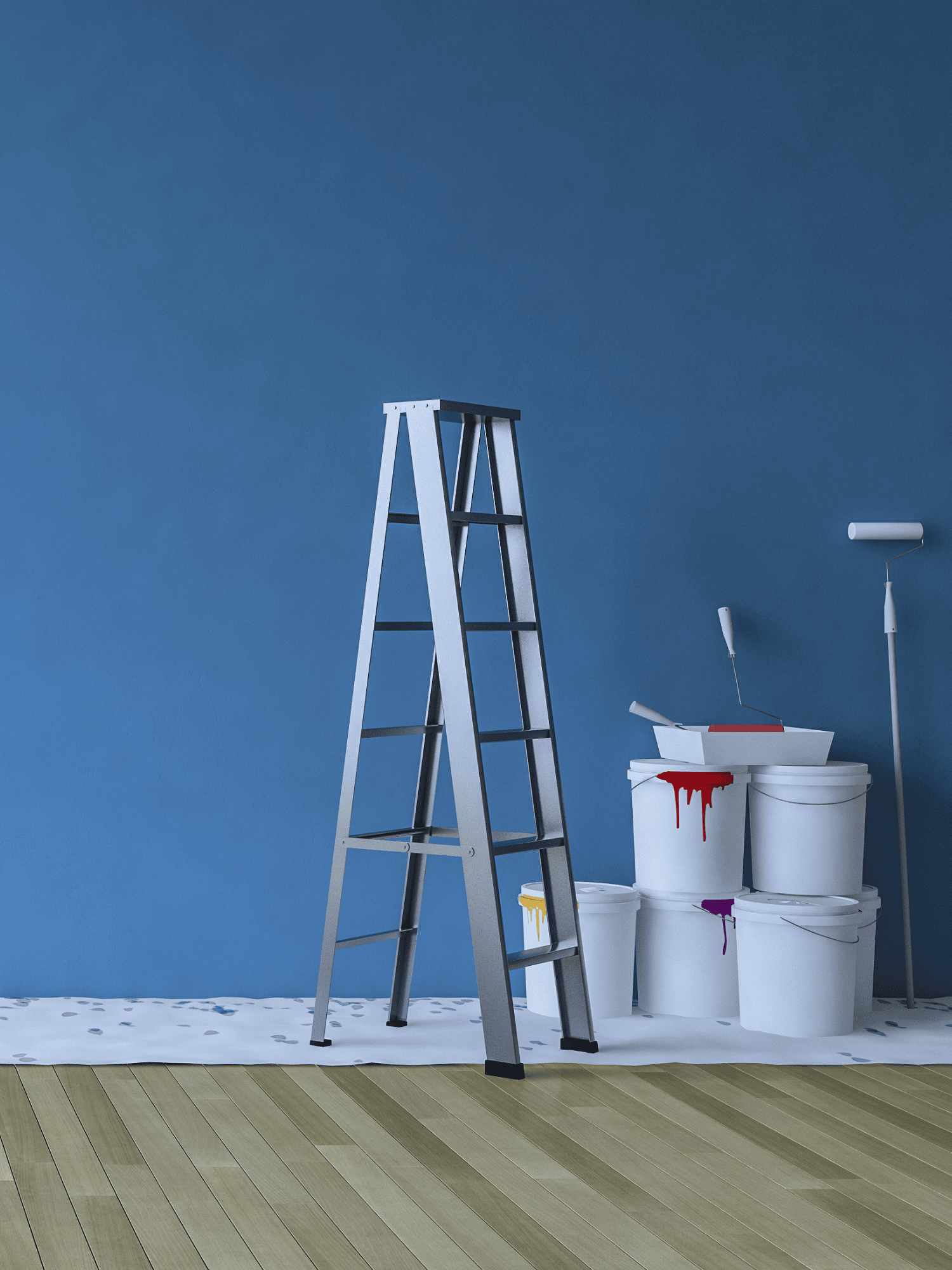 Home renovation scene with a vibrant blue wall, ladder, and painting supplies in a clean space.